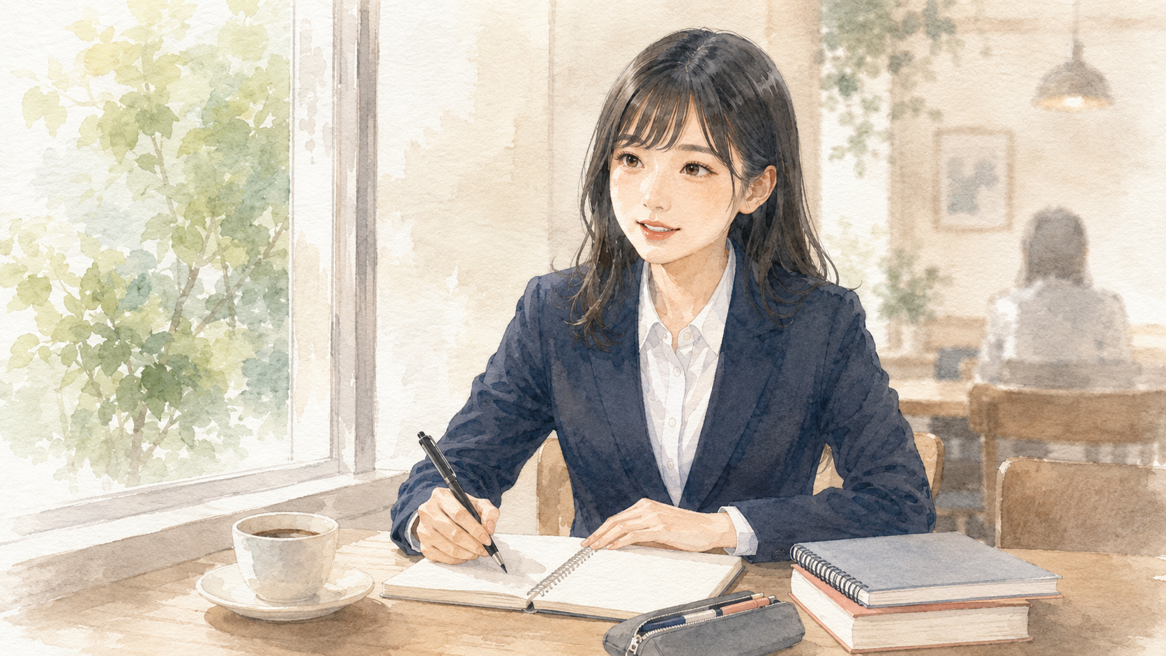 ノートに自己紹介の構成を書く女子大学生