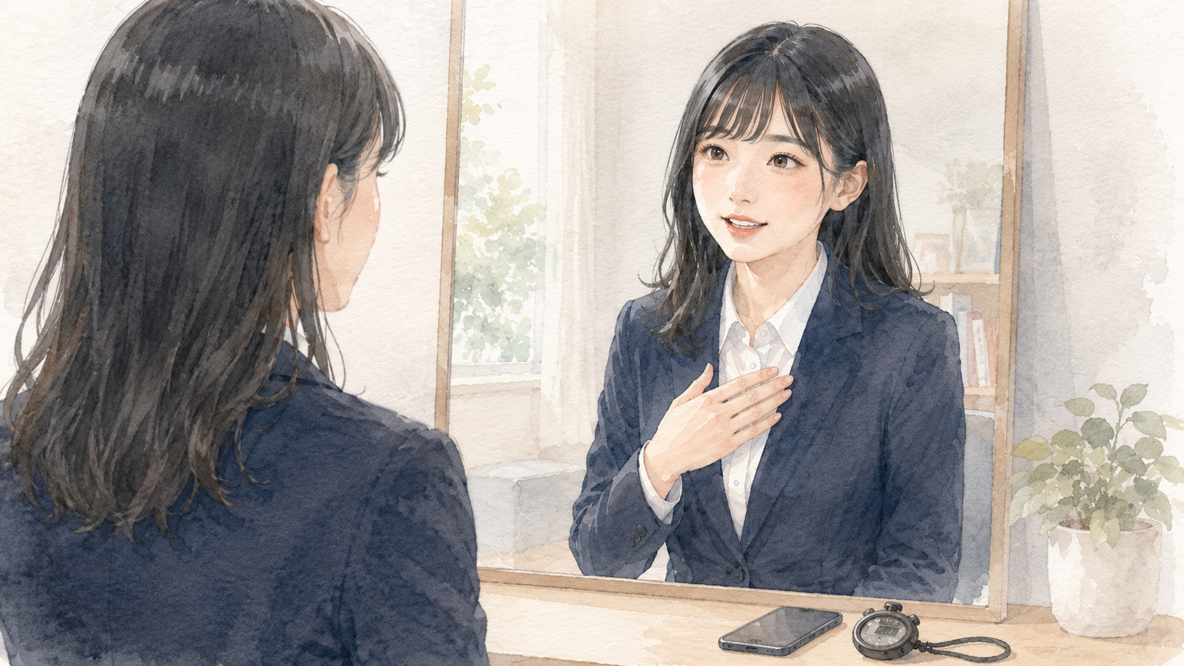 鏡の前で自己紹介を練習する女子大学生