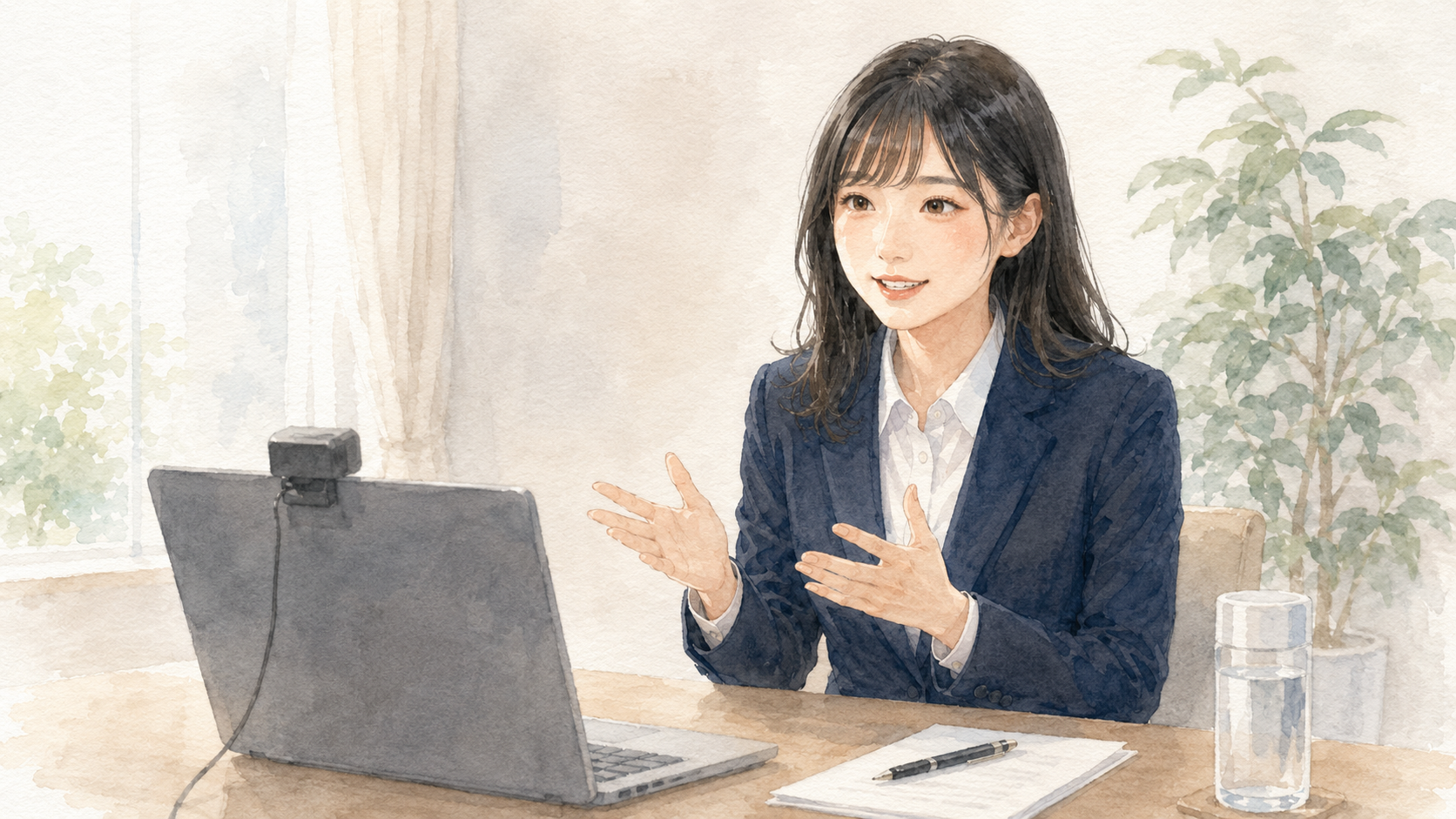 ノートPC前でオンライン面接に臨む女子大学生