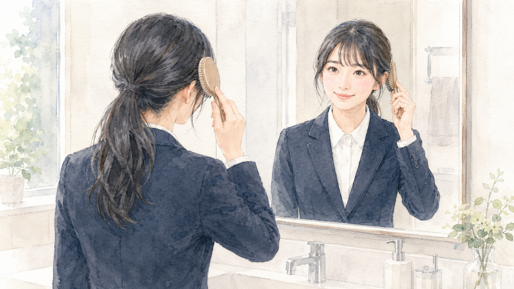 鏡の前でリクルートスーツ姿の女子大学生が髪型を整える