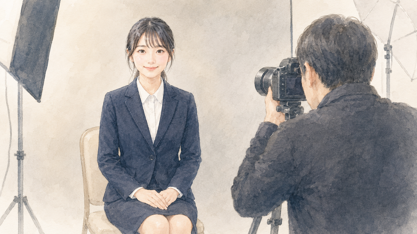 写真館のスタジオで証明写真を撮影される女子大学生