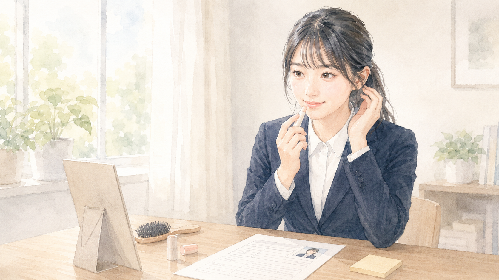 デスクで履歴書写真の準備をする女子大学生