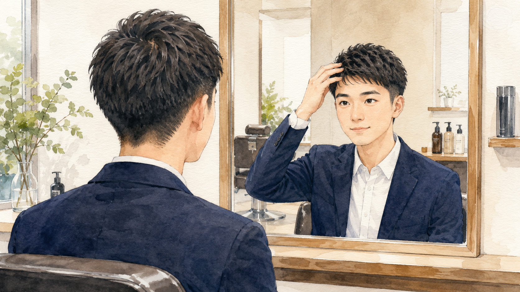 洗面所の鏡前で前髪と襟足を整える男子大学生