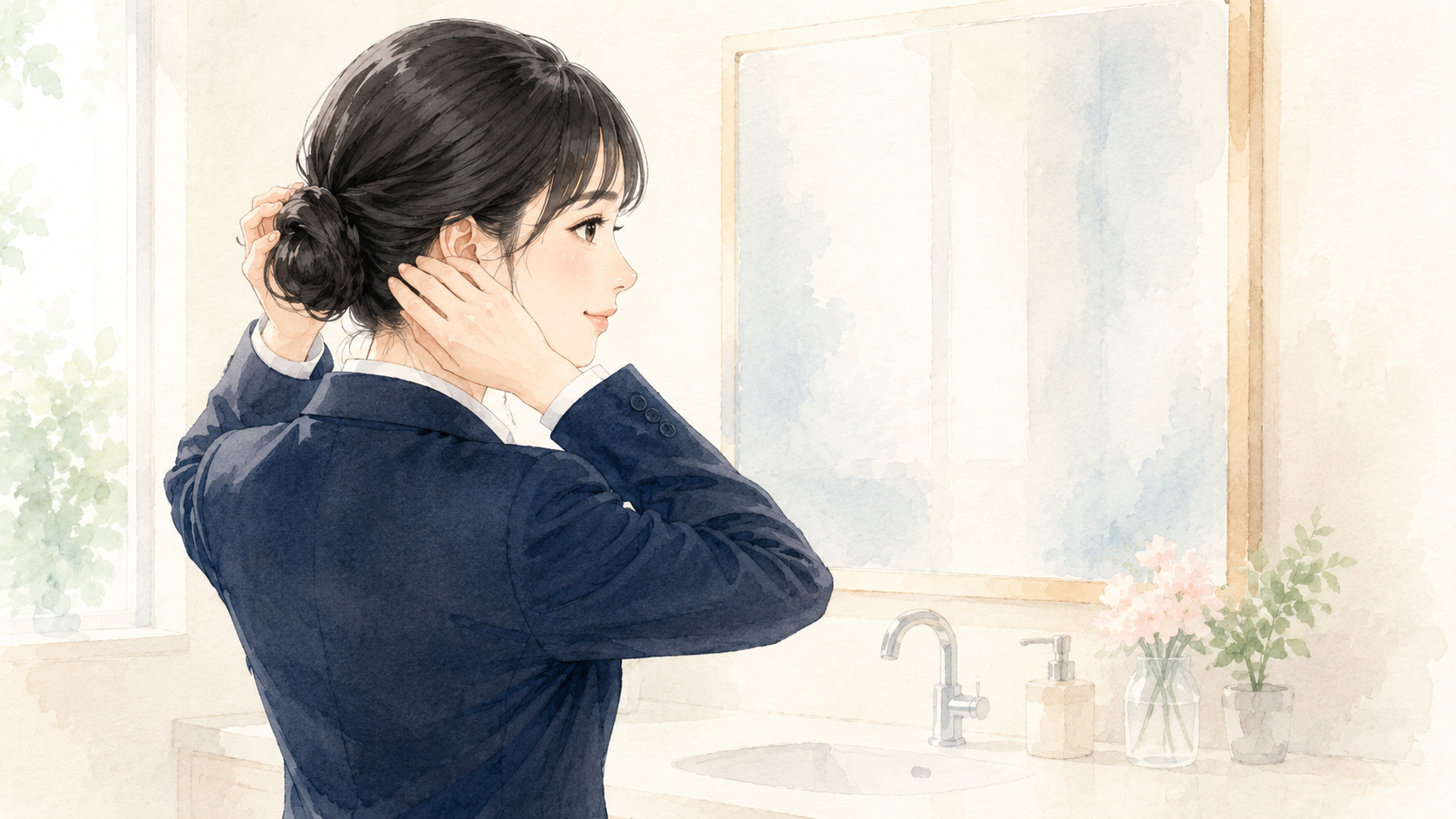 低い位置でお団子を作る女子大学生