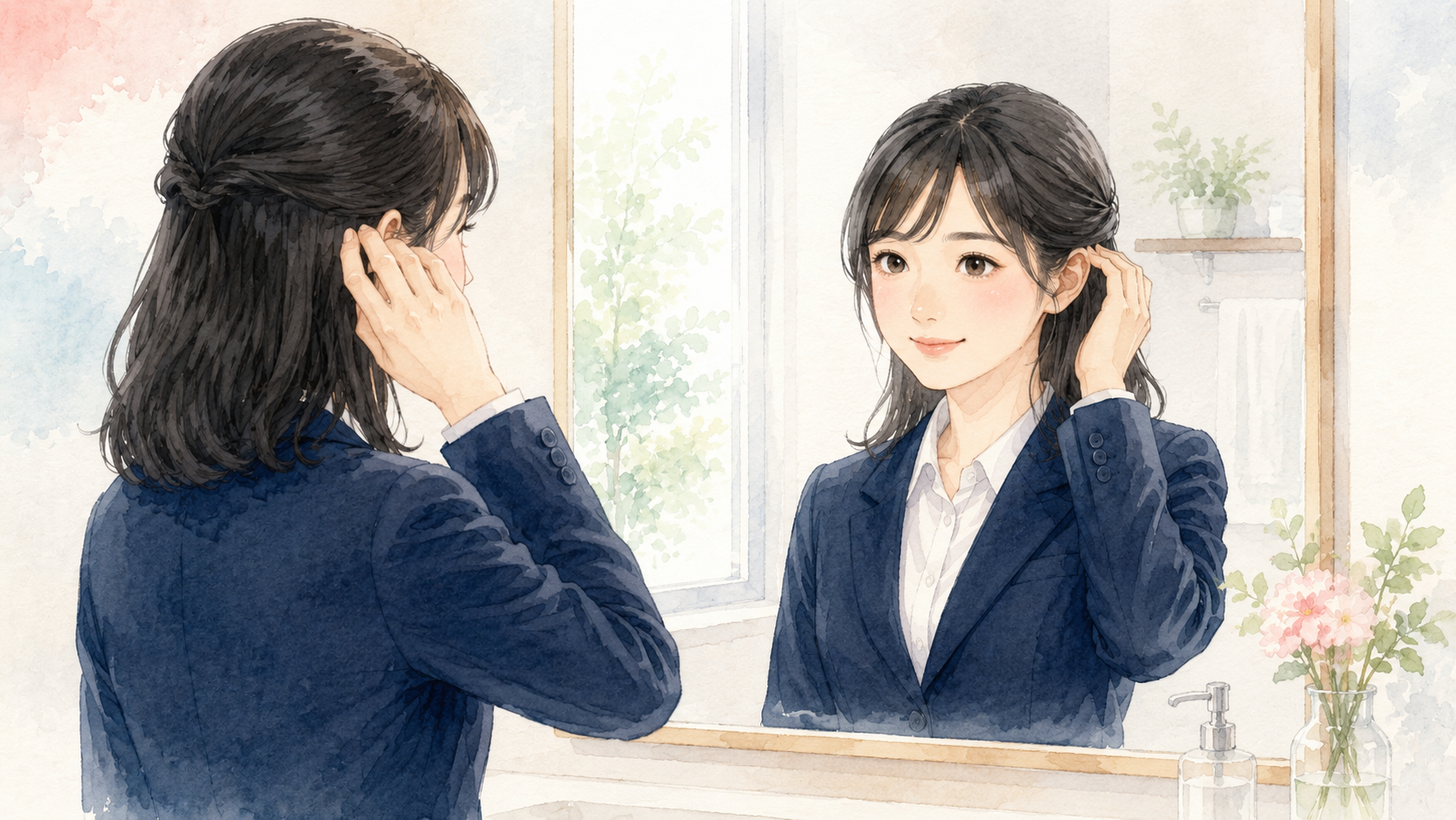 鏡前で髪を耳にかける女子大学生