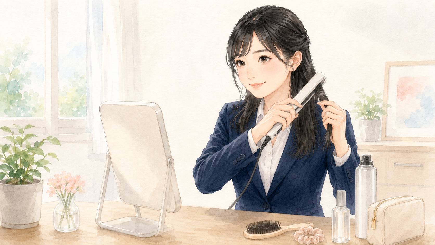 アイロンとスプレーで朝のヘアセットをする女子大学生