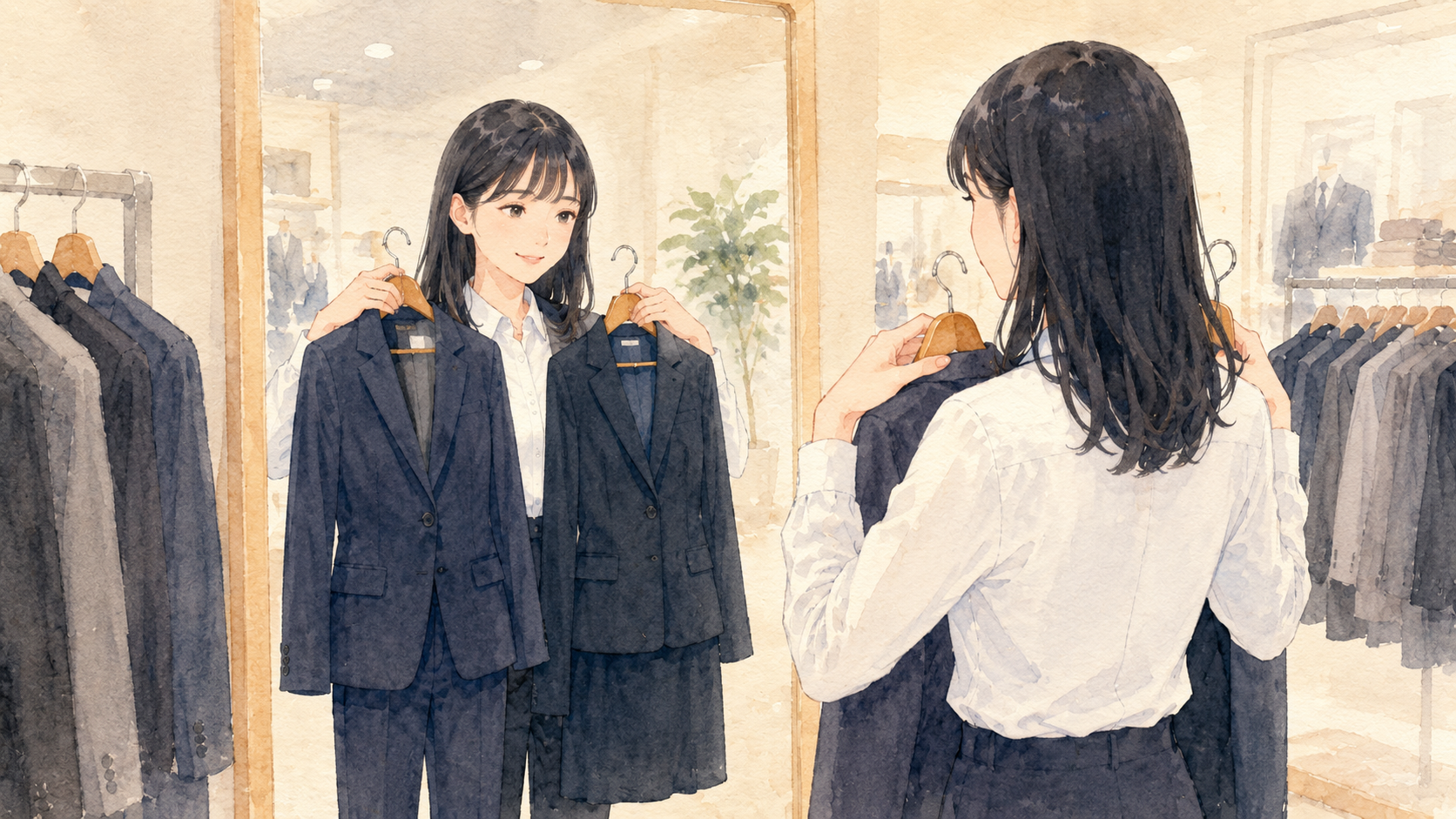 パンツスーツとスカートスーツを鏡前で比べる女子大学生