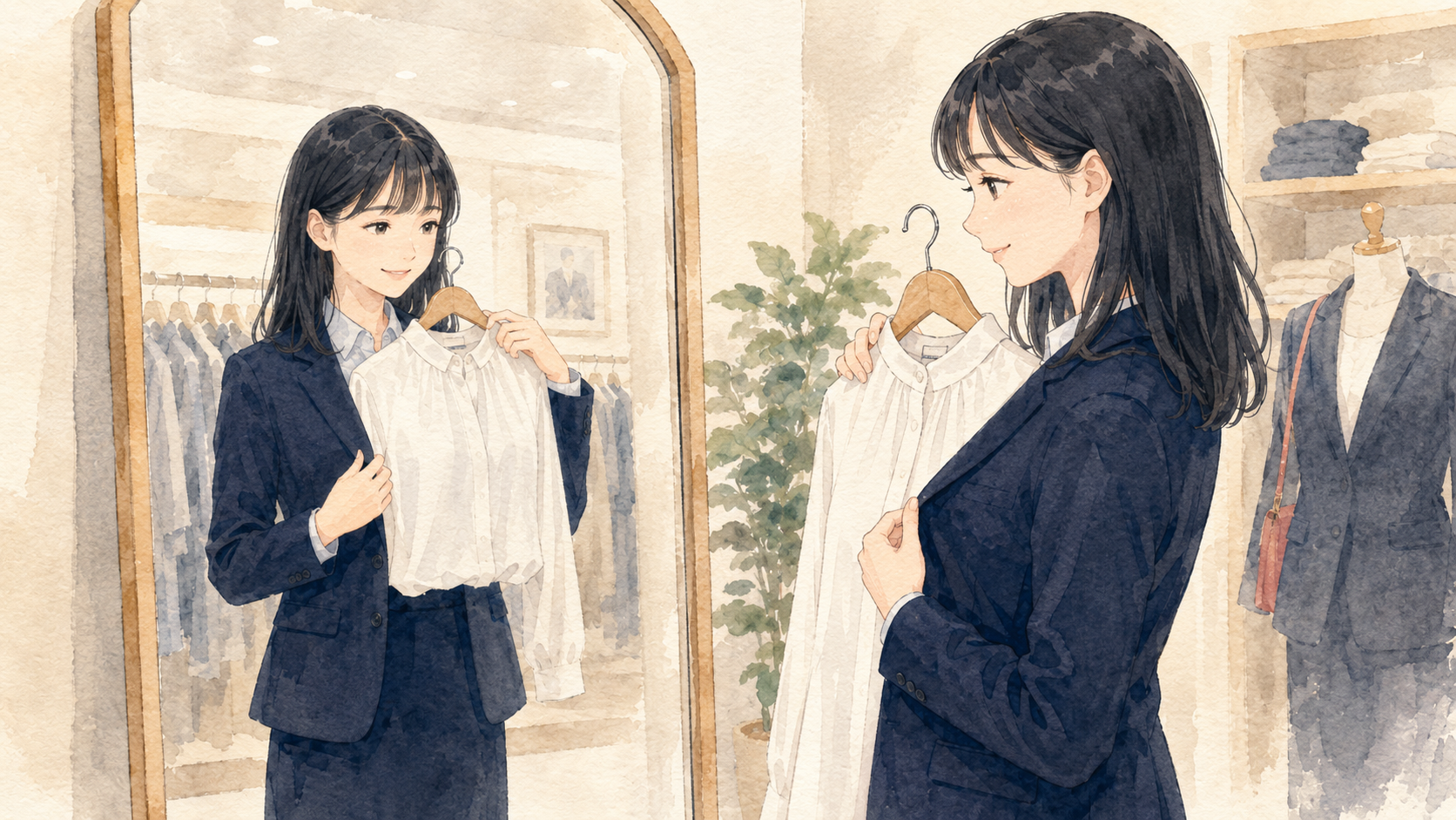 白いブラウスをジャケットと合わせて確認する女子大学生