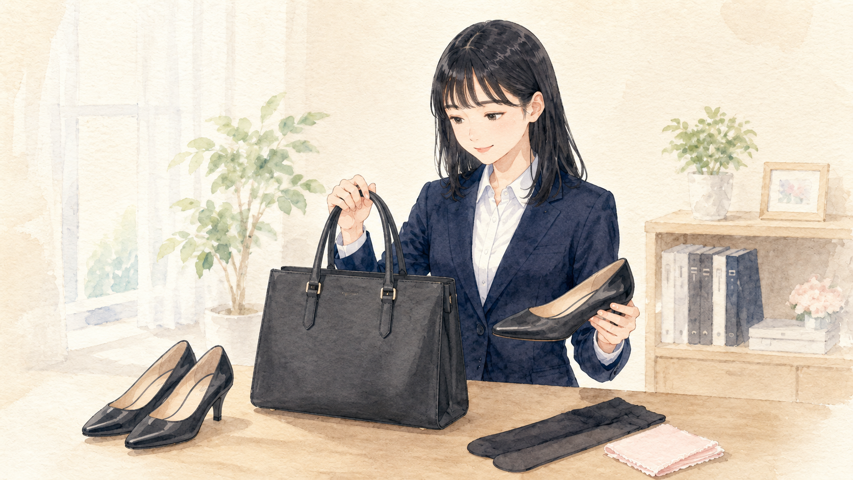 パンプス・ビジネスバッグ・ストッキング等の小物をデスクで並べる女子大学生