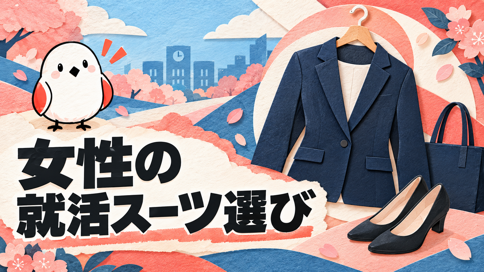 リクルートスーツの女子大学生がデパートでスーツを選んでいる、水彩タッチのイラスト
