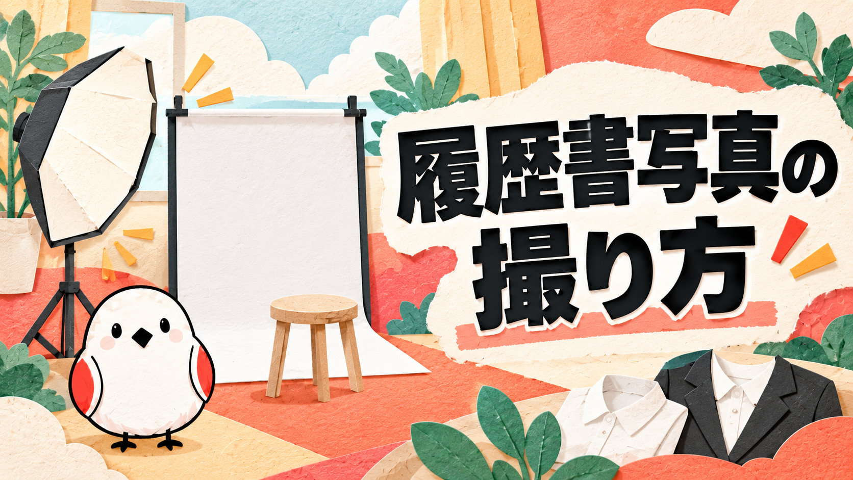 リクルートスーツ姿の女子大学生が写真館スタジオでカメラに向かう、水彩タッチのイラスト