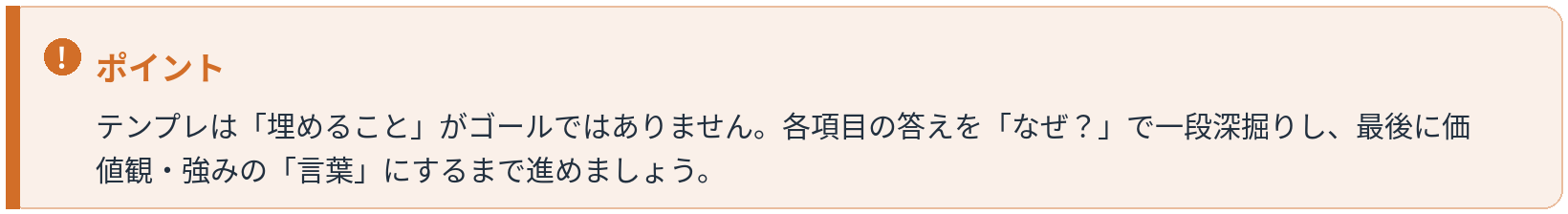 ポイント：テンプレは埋めるのがゴールではない。なぜ？で深掘りし価値観・強みの言葉にするまで進める