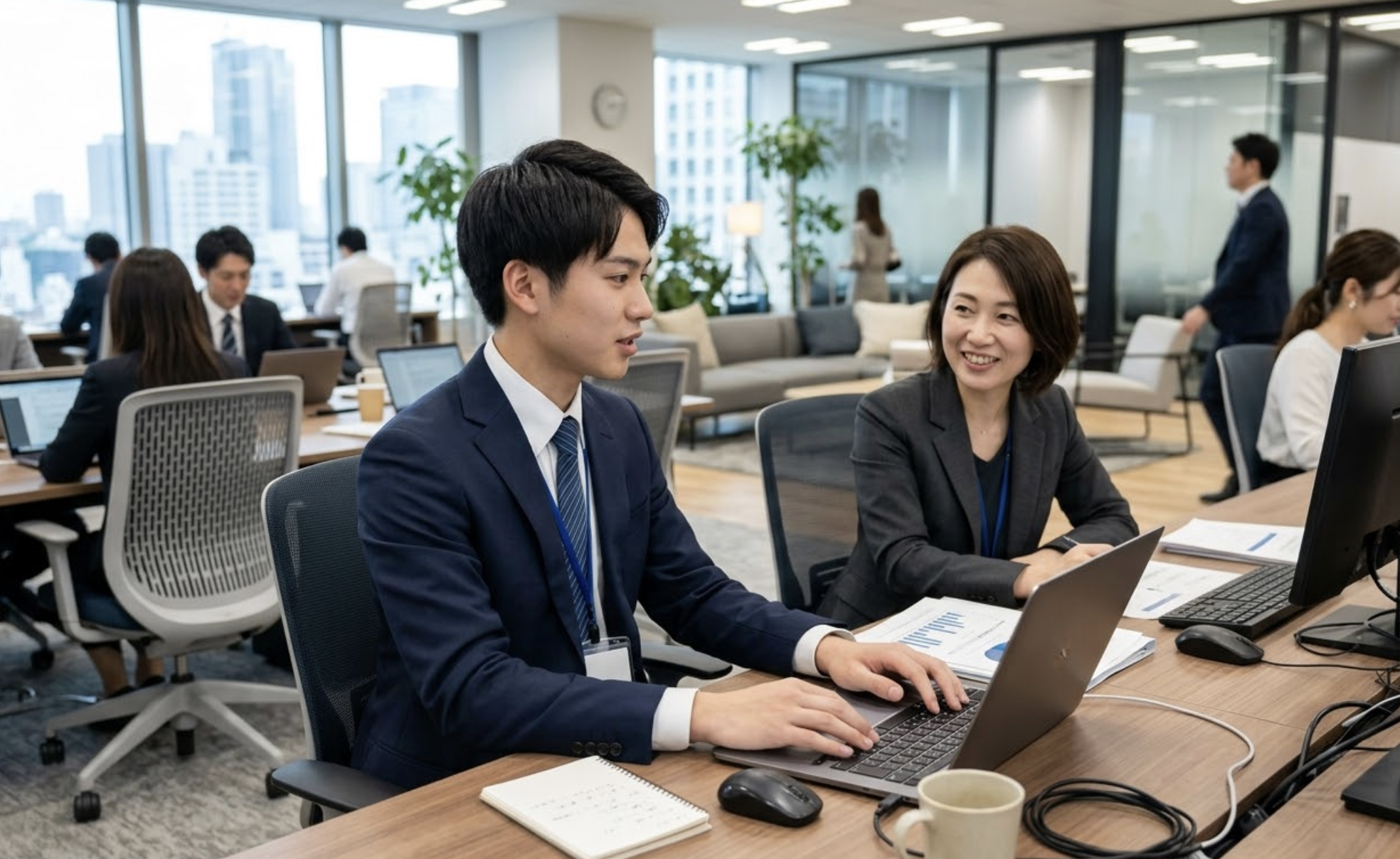 長期インターン中の学生が先輩社員に指導を受ける様子。