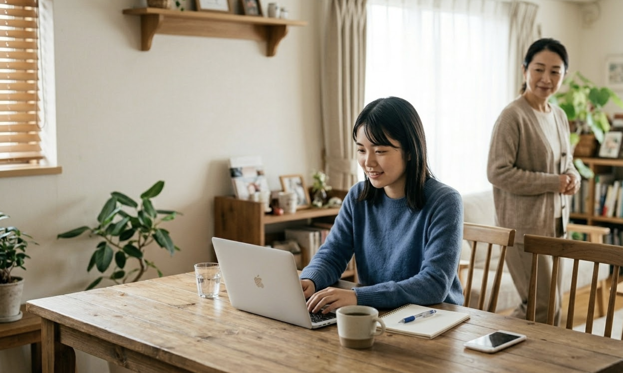 リビングでパソコンに向き合う娘を見守る母親。