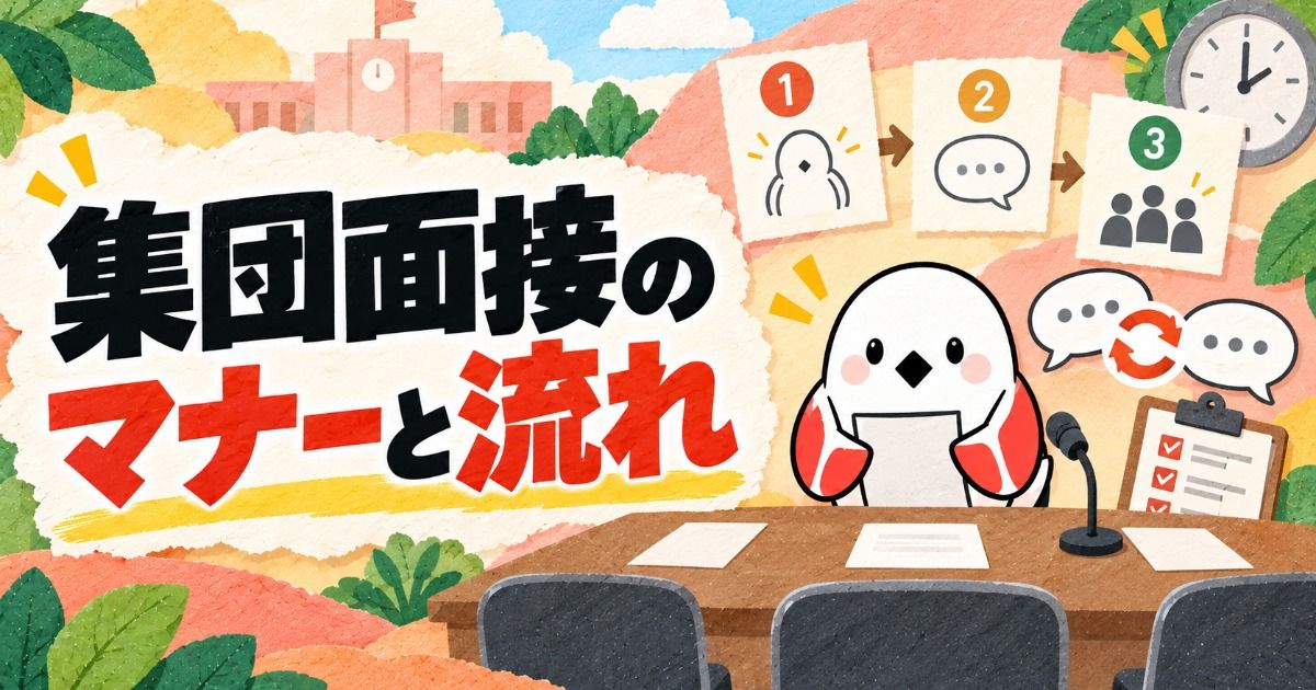 集団面接のマナーと流れ。面接会場の机と椅子、回答の手順を示す1・2・3のカードを描いたイラスト