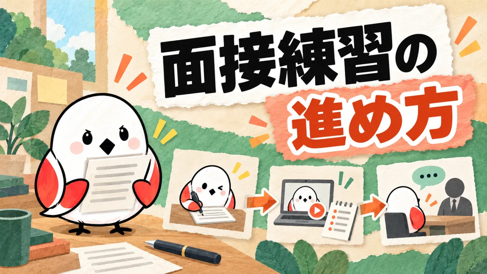 面接練習の進め方を表したイラスト。メモ書き、録画での確認、模擬面接の順に練習を進める流れ